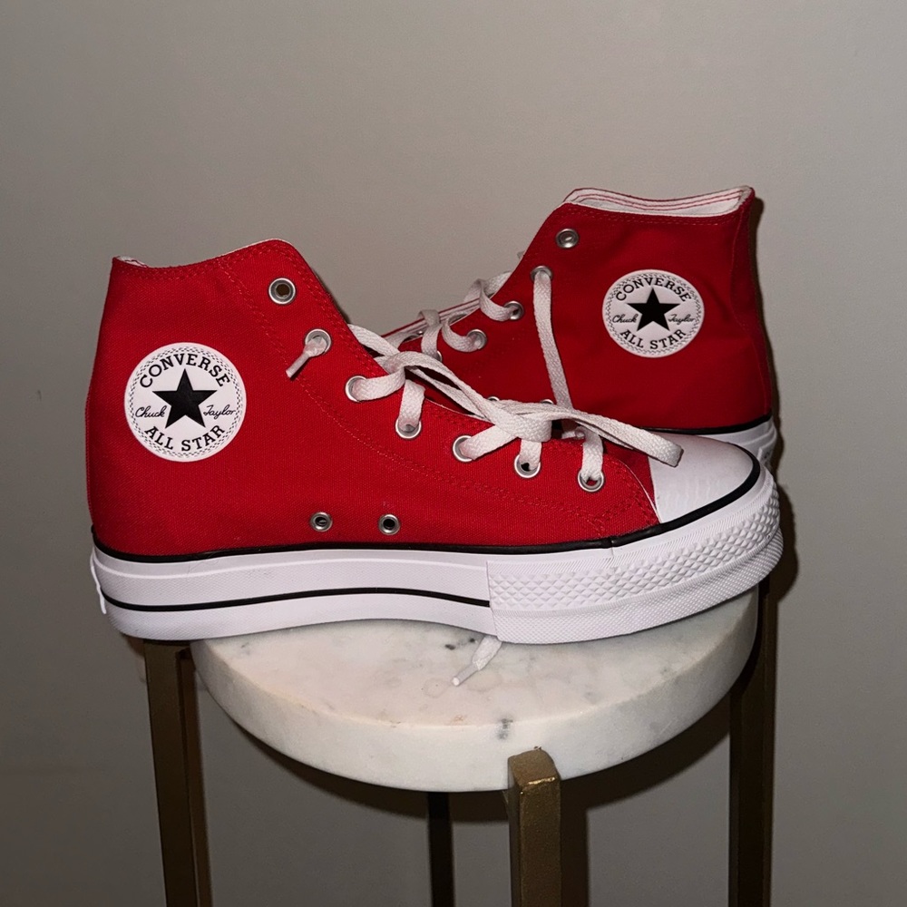 red platform Converse All Stars: Women’s size 9.5, Men’s size 7.5